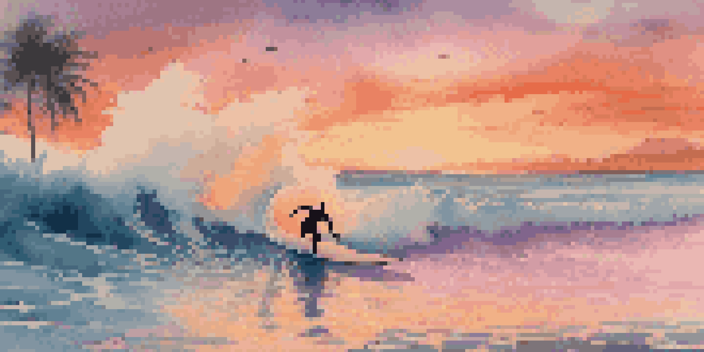 A silhouette of a surfer riding a wave at sunrise with a colorful sky and palm trees in the foreground.