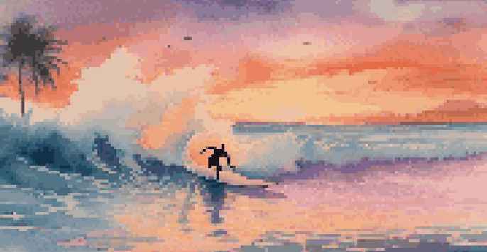 A silhouette of a surfer riding a wave at sunrise with a colorful sky and palm trees in the foreground.