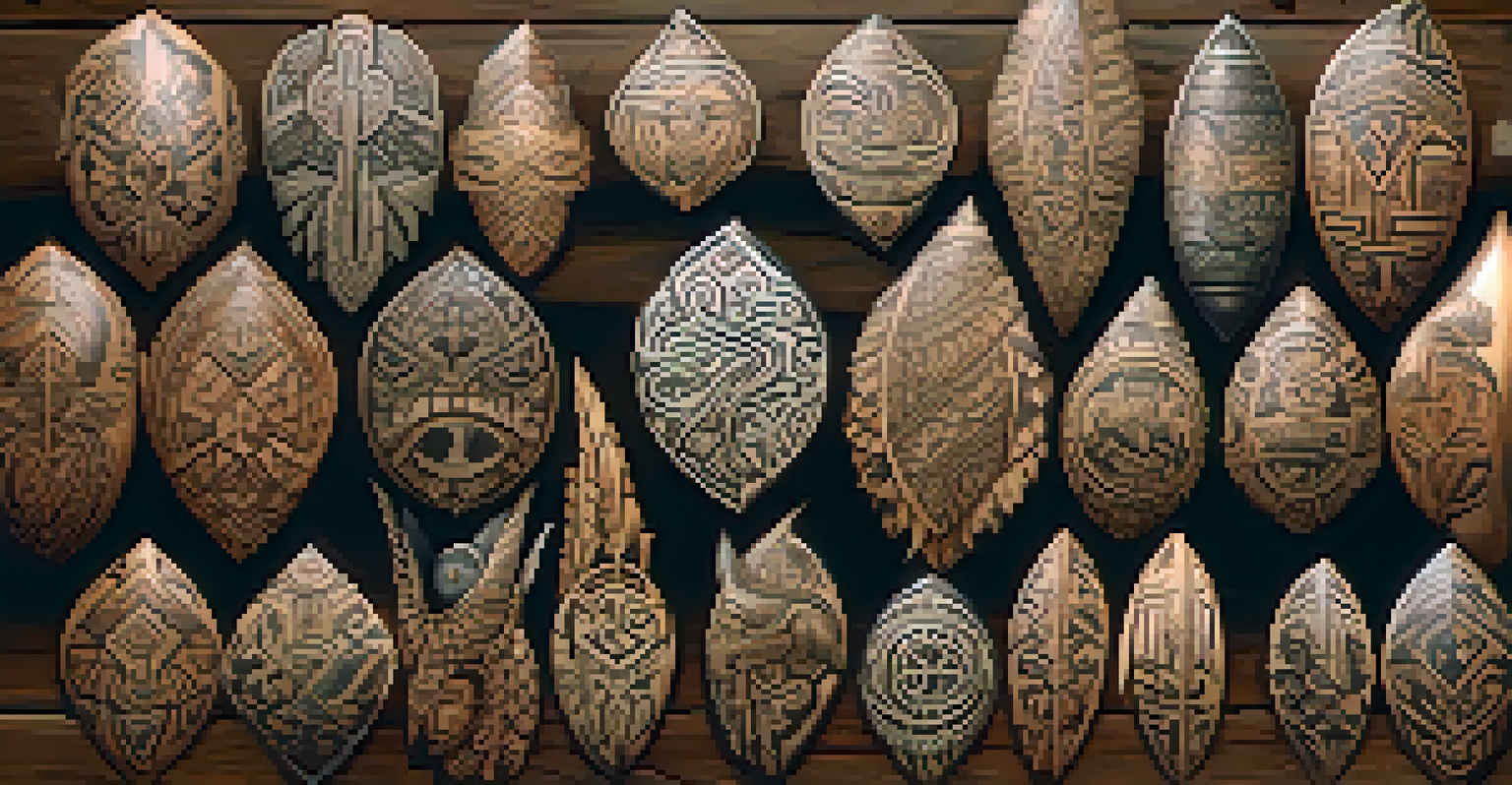 A collection of tribal tattoos on a wooden background, highlighting various cultural designs and intricate details.