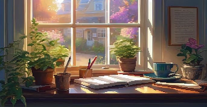 A warm, inviting writing space with a desk, notebooks, and a view of a garden outside the window.
