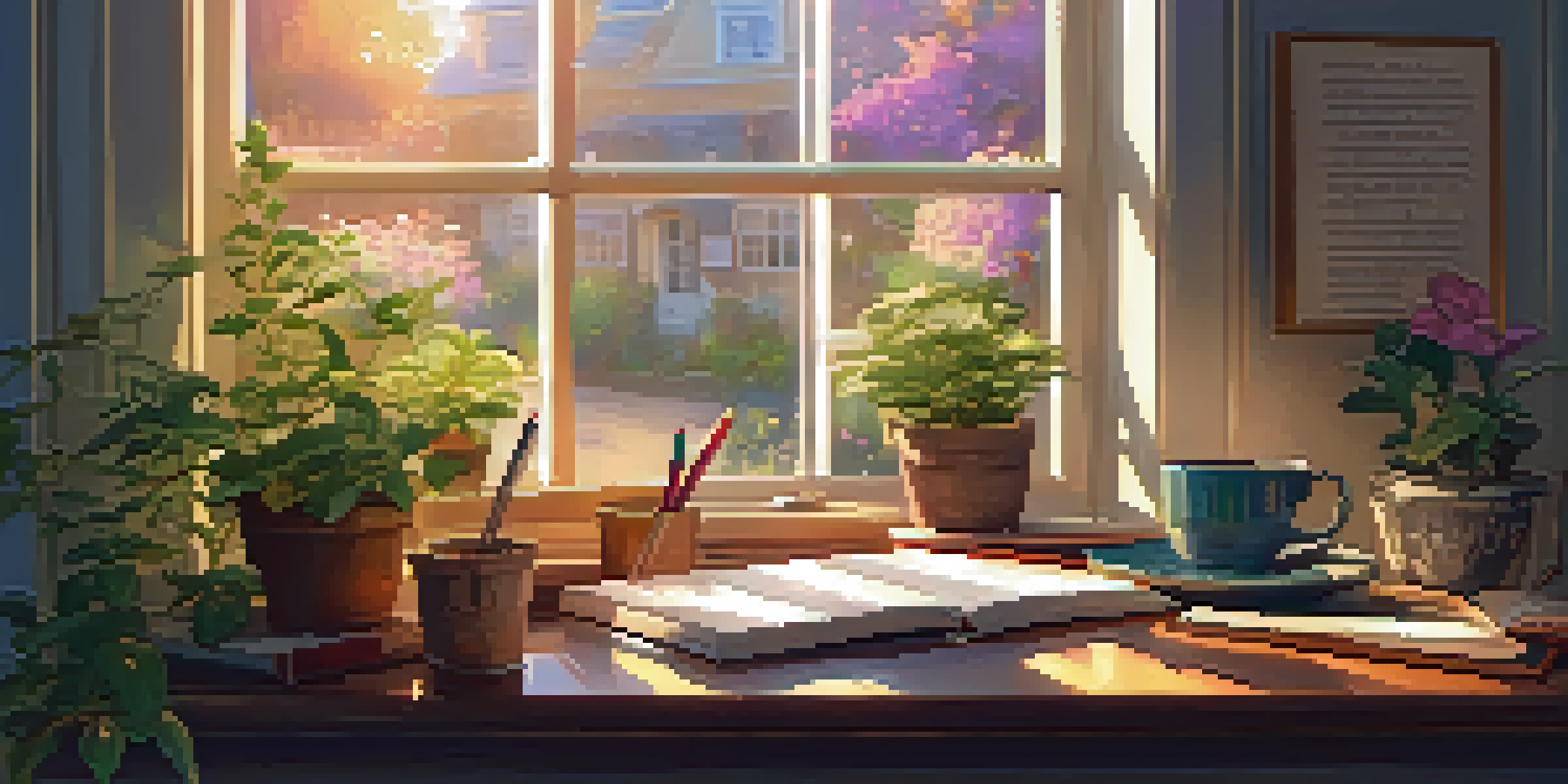 A warm, inviting writing space with a desk, notebooks, and a view of a garden outside the window.
