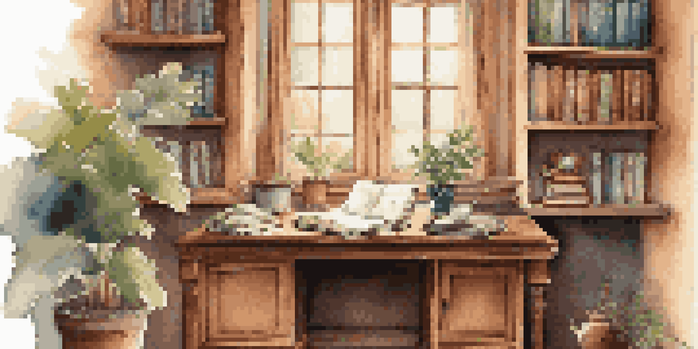 A warm and inviting writing space with a wooden desk, open notebook, fountain pen, potted plant, and bookshelves filled with memoirs.