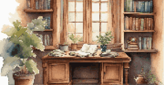 A warm and inviting writing space with a wooden desk, open notebook, fountain pen, potted plant, and bookshelves filled with memoirs.