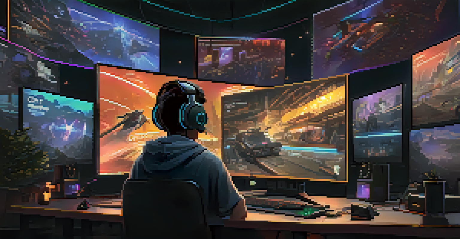 A gamer wearing a headset, focused on a game, with a computer screen showing a lively Discord chat.