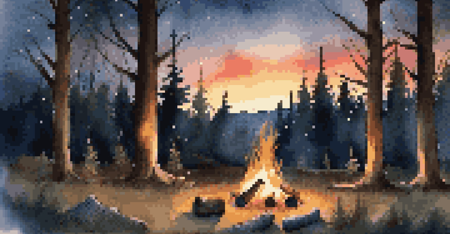 A cozy campfire at dusk, with a warm fire illuminating logs and trees, under a starry sky with dancing fireflies, creating an enchanting atmosphere.