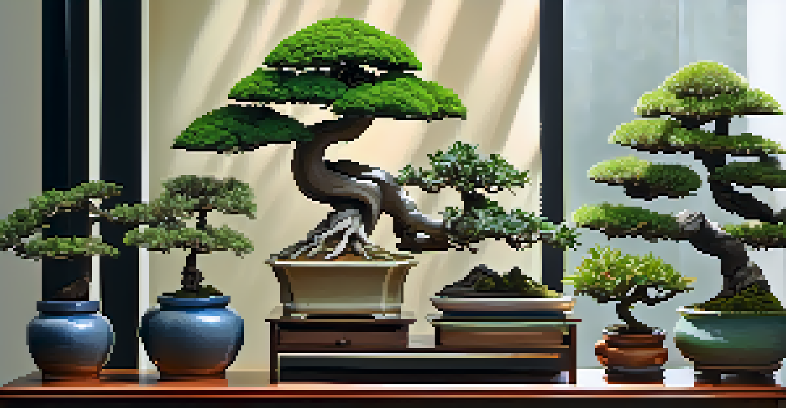 A collection of different indoor bonsai trees on a shelf, highlighted by warm lighting and decorative pots.