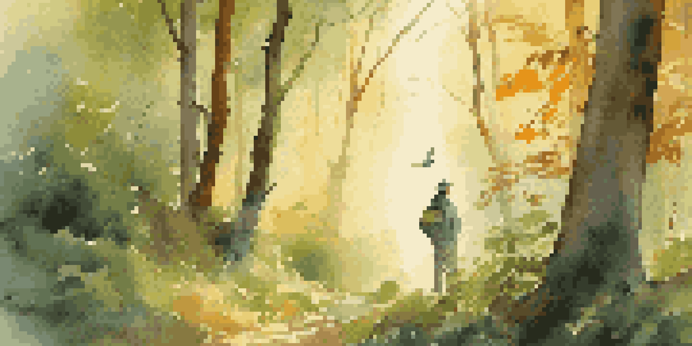 A birdwatcher in a tranquil forest at dawn, observing a colorful bird on a branch, with sunlight filtering through the trees.