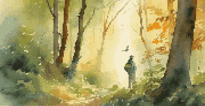 A birdwatcher in a tranquil forest at dawn, observing a colorful bird on a branch, with sunlight filtering through the trees.