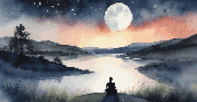 A person meditating under a starry night sky with a full moon, surrounded by hills and a river.