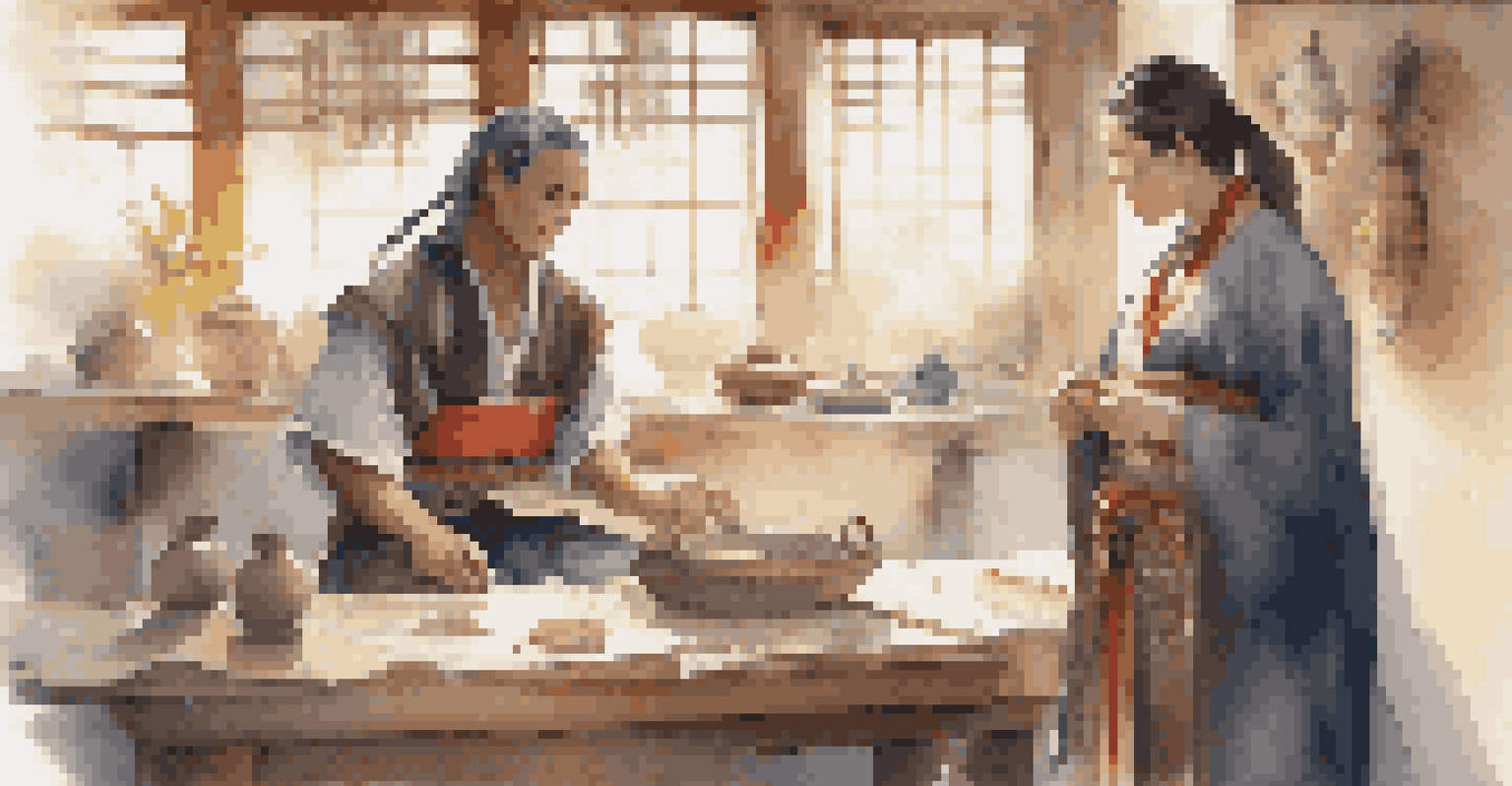 A cosplayer and a cultural community member in a workshop, discussing traditional attire with cultural artifacts in the background, illuminated by soft natural light.