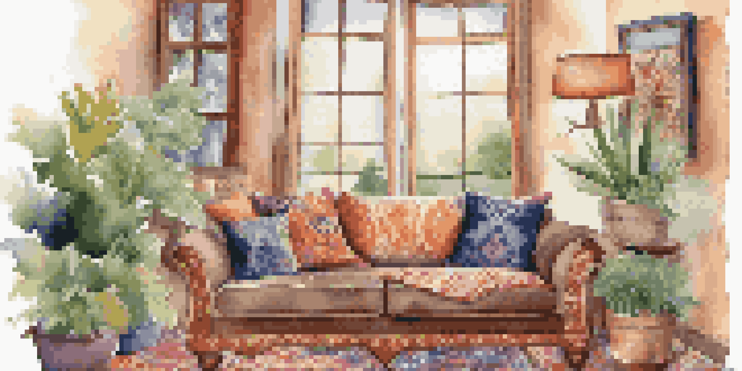 A living room with colorful throw pillows made from upcycled rugs on a sofa, bathed in natural light with plants in the background.