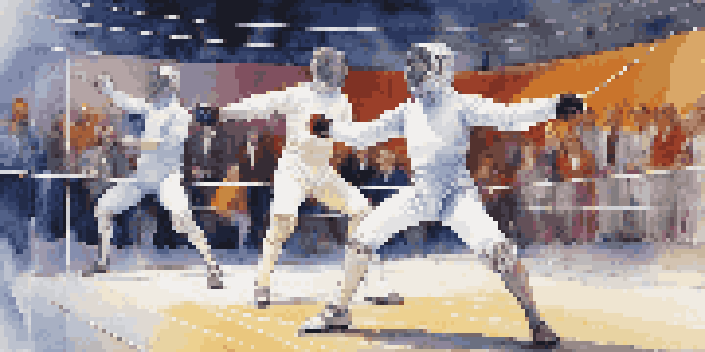 A dynamic fencing match with two fencers in action, electronic scoring equipment in the background, and an engaged audience.