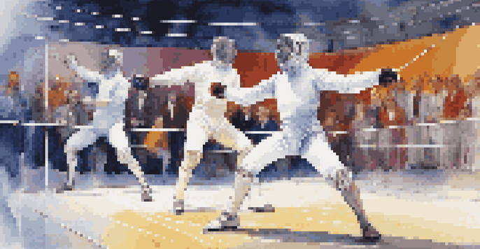A dynamic fencing match with two fencers in action, electronic scoring equipment in the background, and an engaged audience.