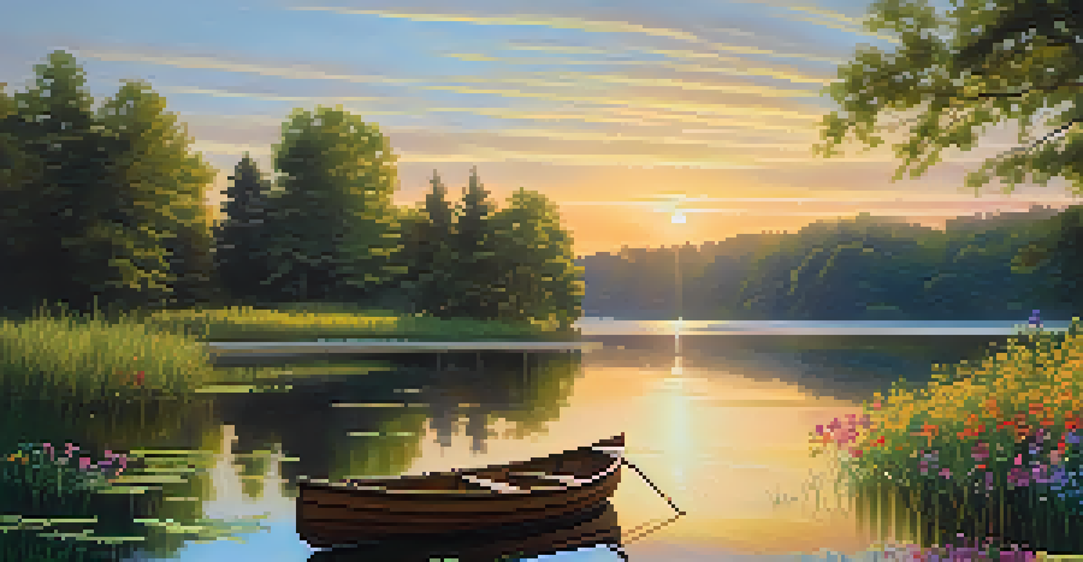 A serene lake surrounded by greenery and wildflowers during sunset with a rowboat.