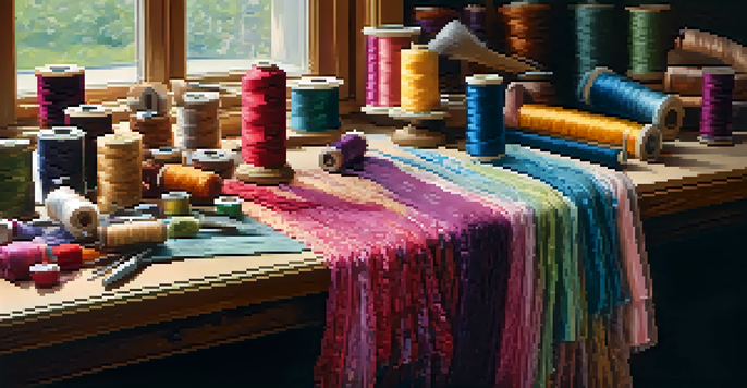 A sewing workspace with various colorful fabrics and sewing tools on a wooden table.
