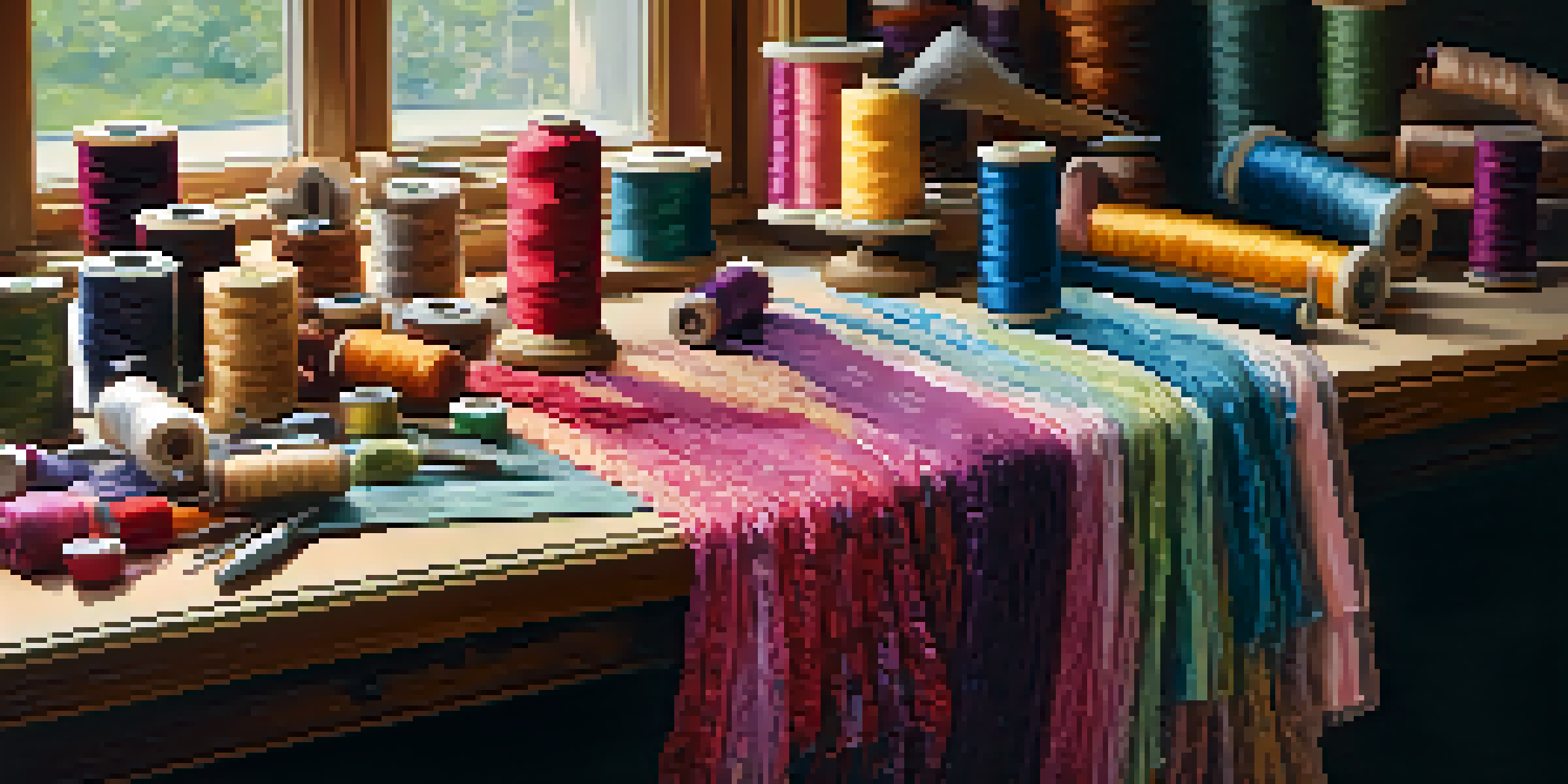A sewing workspace with various colorful fabrics and sewing tools on a wooden table.