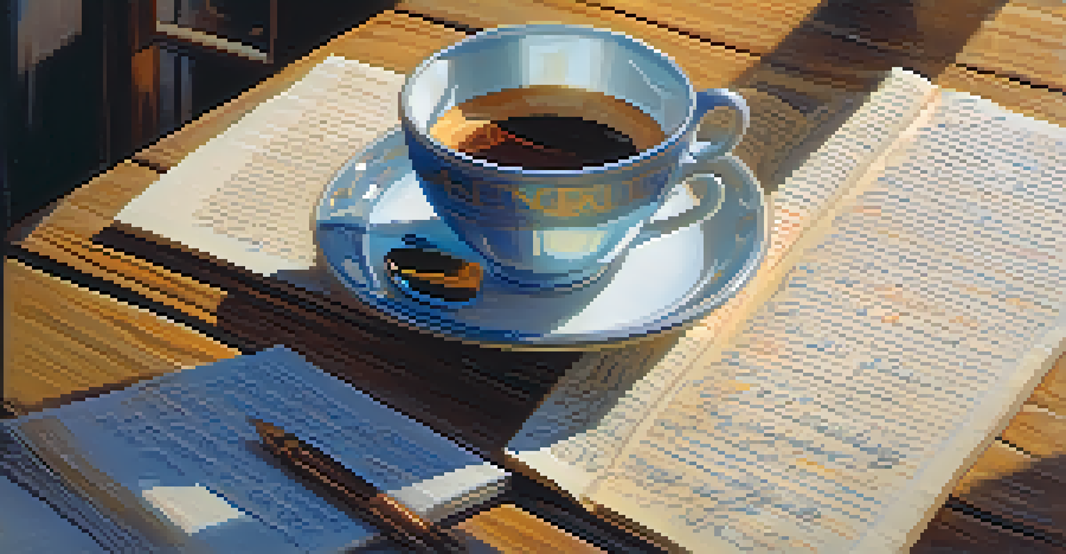 A colorful script page with handwritten catchphrases and notes, alongside a cup of coffee on a wooden table, illuminated by natural light.