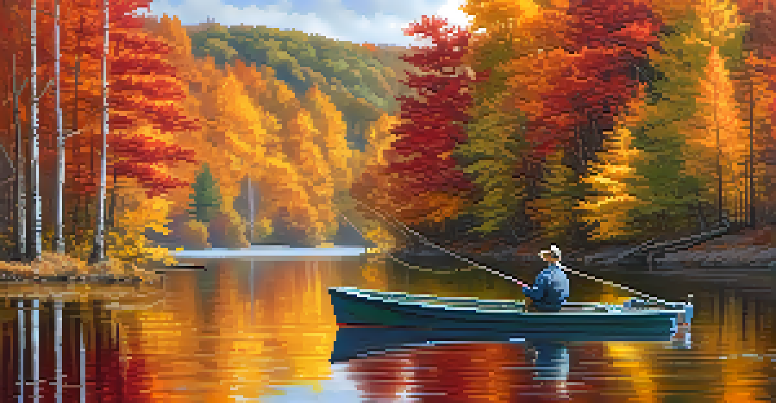 An autumn lake scene with a colorful landscape, a fishing boat, and a fisherman casting a line surrounded by fall foliage.