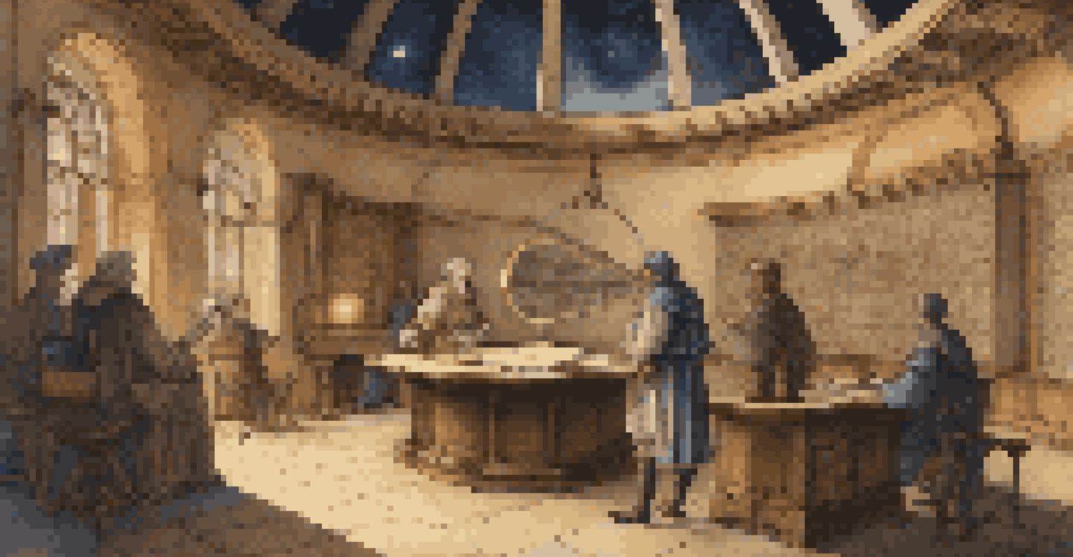 Renaissance scholars in an observatory discussing astronomy, with a large telescope and illuminated by candlelight.