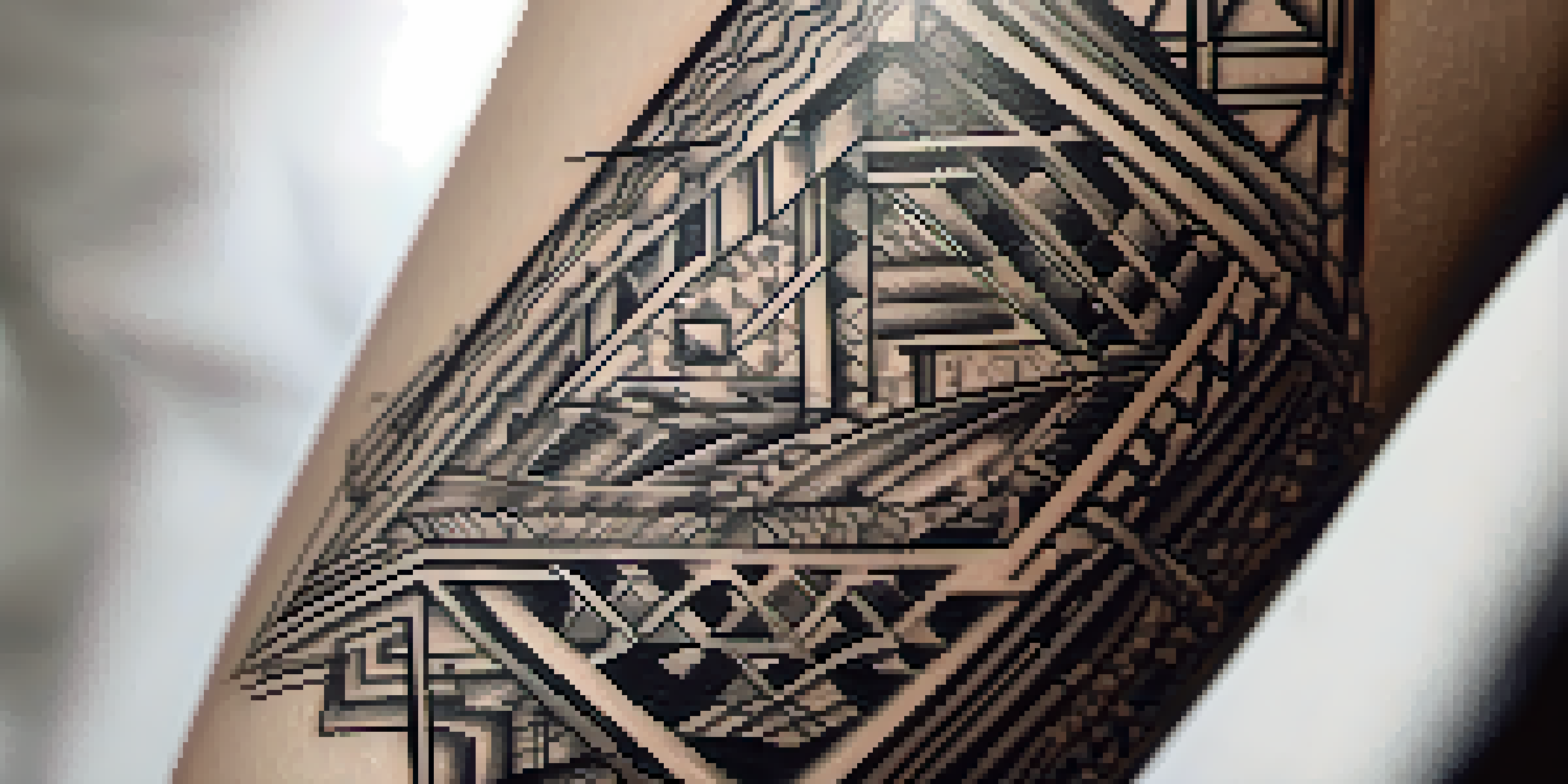 A detailed geometric tattoo in black ink on a forearm, showcasing intricate patterns and sharp angles, illuminated by soft natural light.