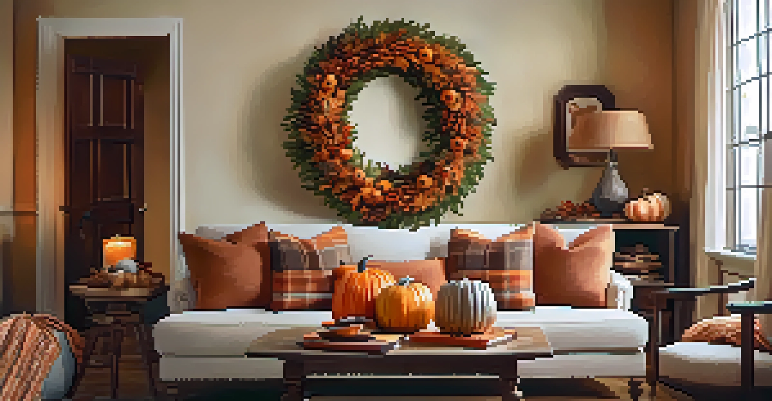 An autumn-themed living room with fall decor, pumpkins, and a cozy atmosphere.