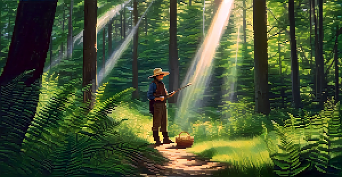 A forager in a forest kneeling to examine wild edible plants, with sunlight filtering through the trees.