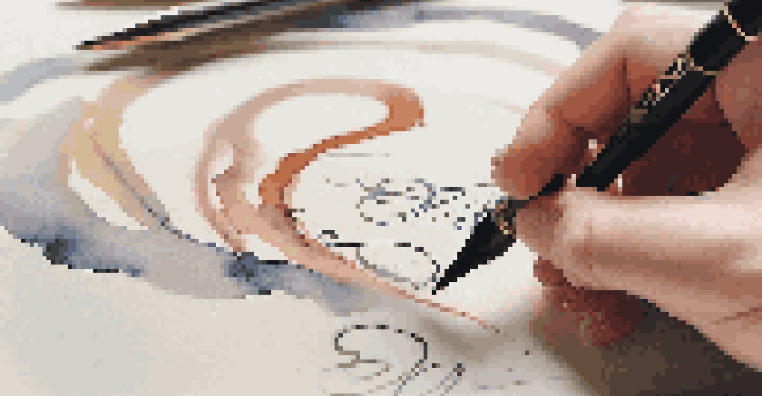 A close-up of a hand practicing copperplate calligraphy with a dip pen on paper.