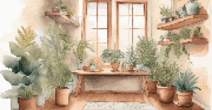 A cozy indoor nook with soft lighting, a wooden table with a jigsaw puzzle, and plants around, creating a tranquil atmosphere.