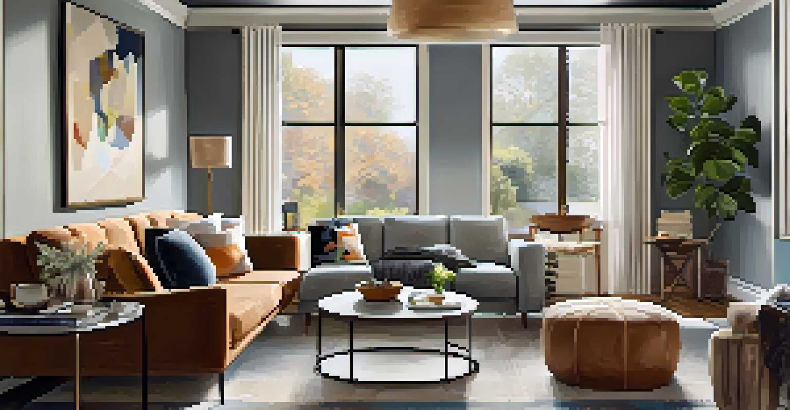 A cozy living room filled with sunlight, featuring a modern sofa and happy family enjoying their newly renovated space.
