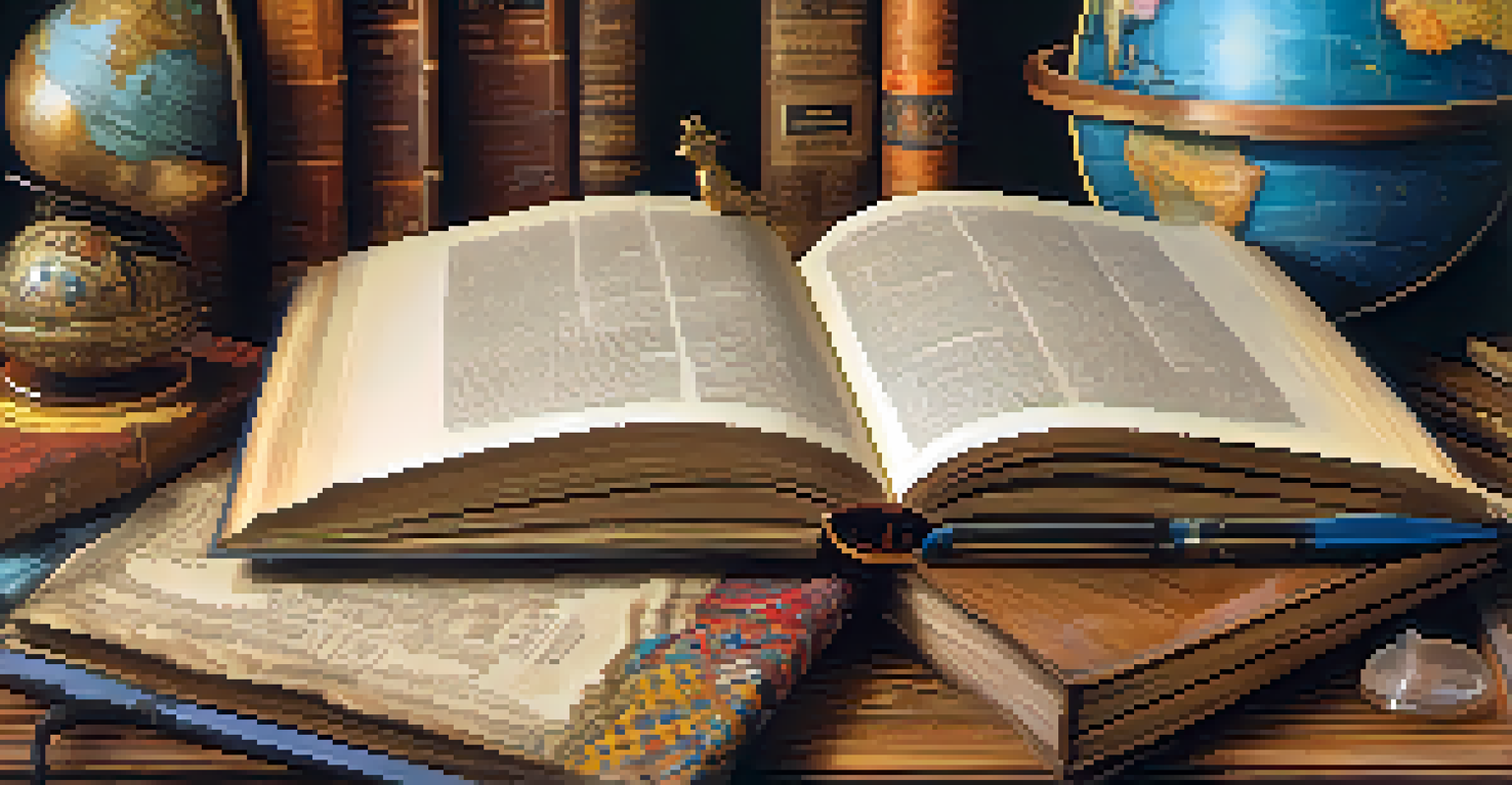 An open book on a wooden table surrounded by cultural artifacts like a globe and traditional masks, illuminated by soft light.