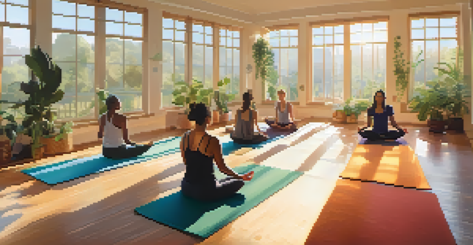 A peaceful yoga studio with people practicing yoga poses, illuminated by soft morning light.