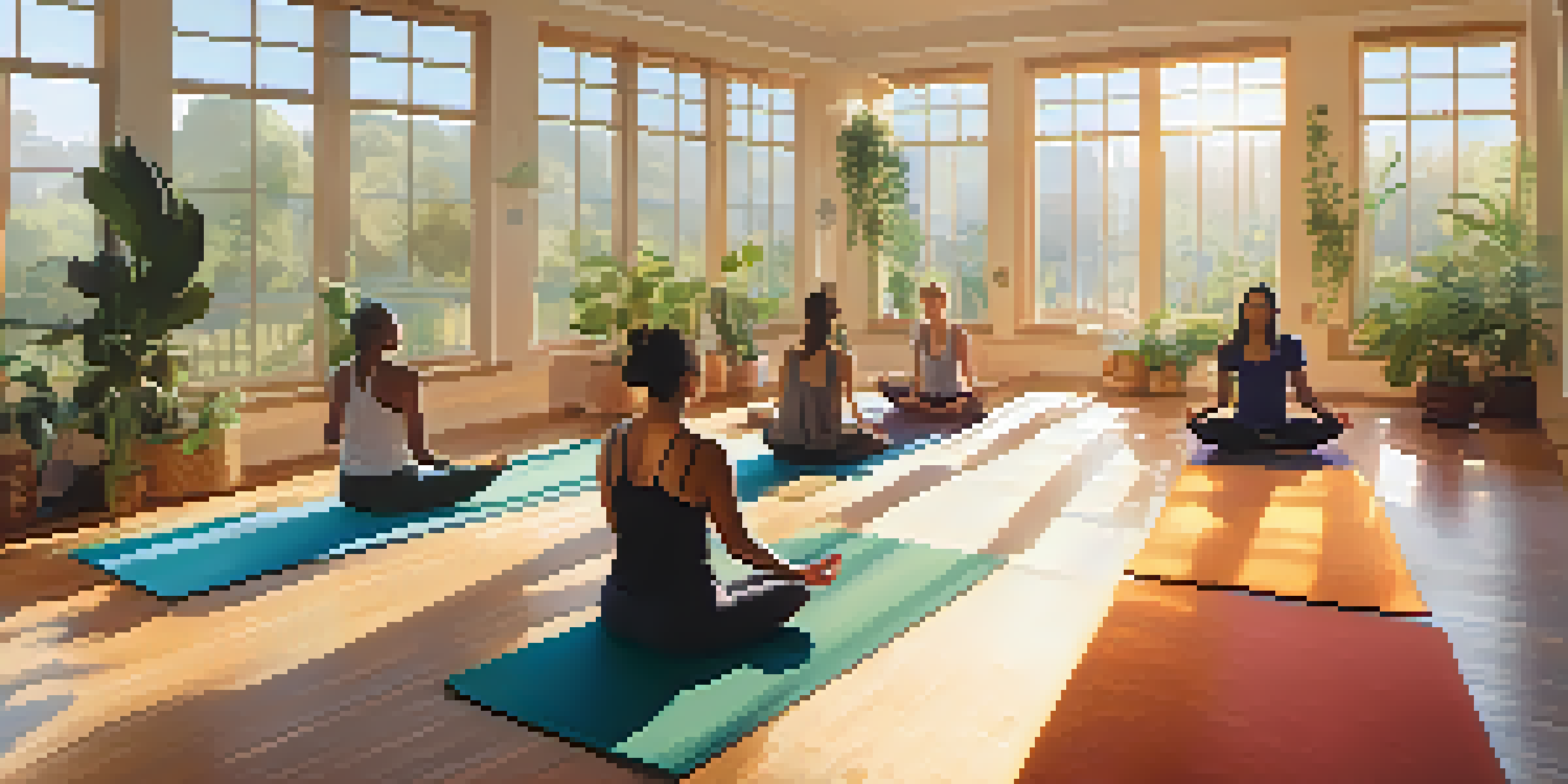 A peaceful yoga studio with people practicing yoga poses, illuminated by soft morning light.