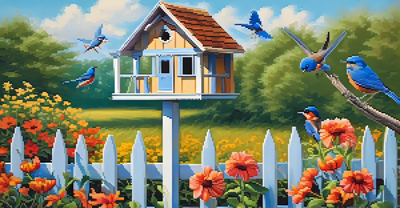 A birdhouse on a pole in a backyard, surrounded by native plants and a bird feeder, with colorful birds flying around under a blue sky.