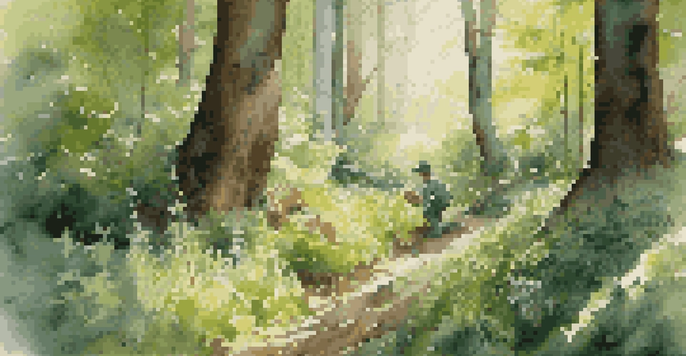 A person foraging for wild food in a lush green forest filled with wildflowers and sunlight filtering through the trees.