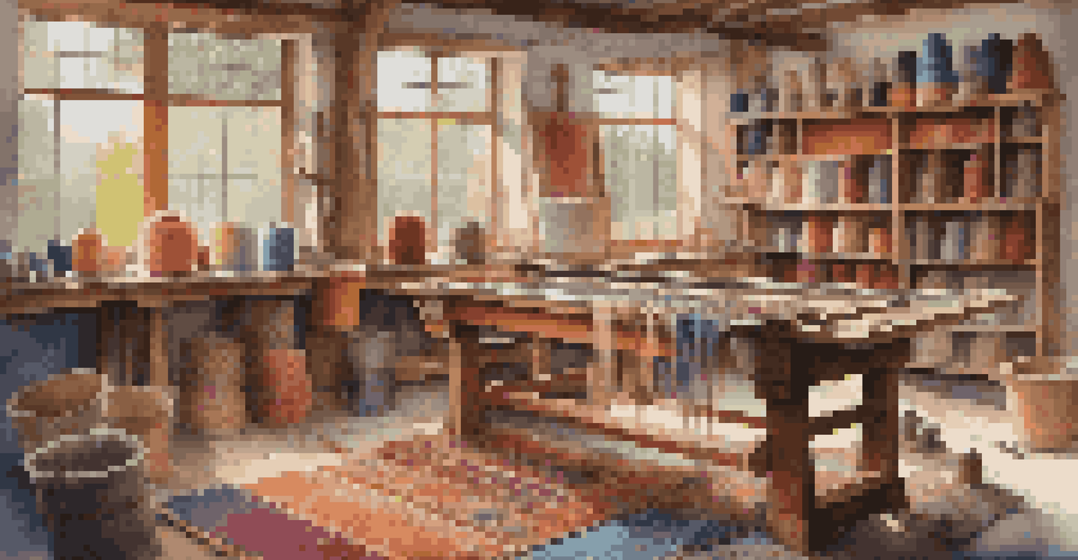 An artisan workshop with tools for rug making, including a loom and vibrant yarns, with natural light filtering in.