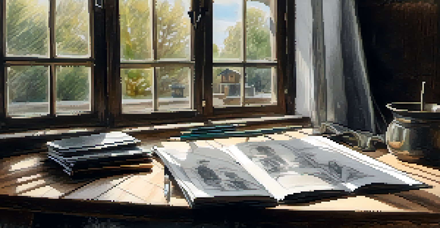 An open sketchbook with pencil and charcoal sketches on a wooden table, illuminated by natural light.