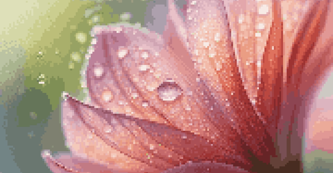A close-up of a flower petal with dew drops, showcasing detailed textures and vibrant colors against a blurred background.