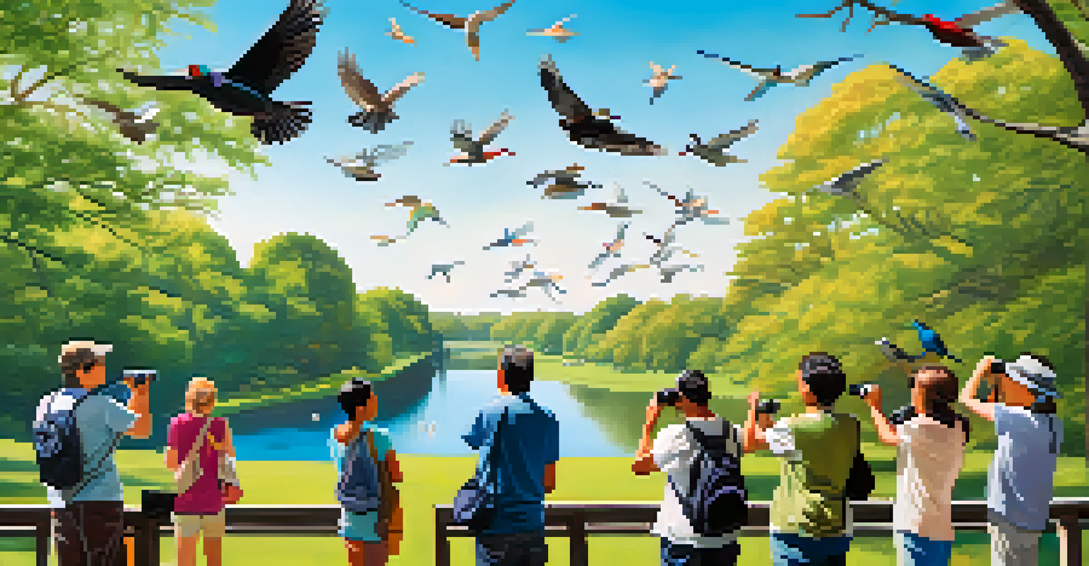 A group of people birdwatching in a park, using binoculars and notebooks, surrounded by trees and birds.