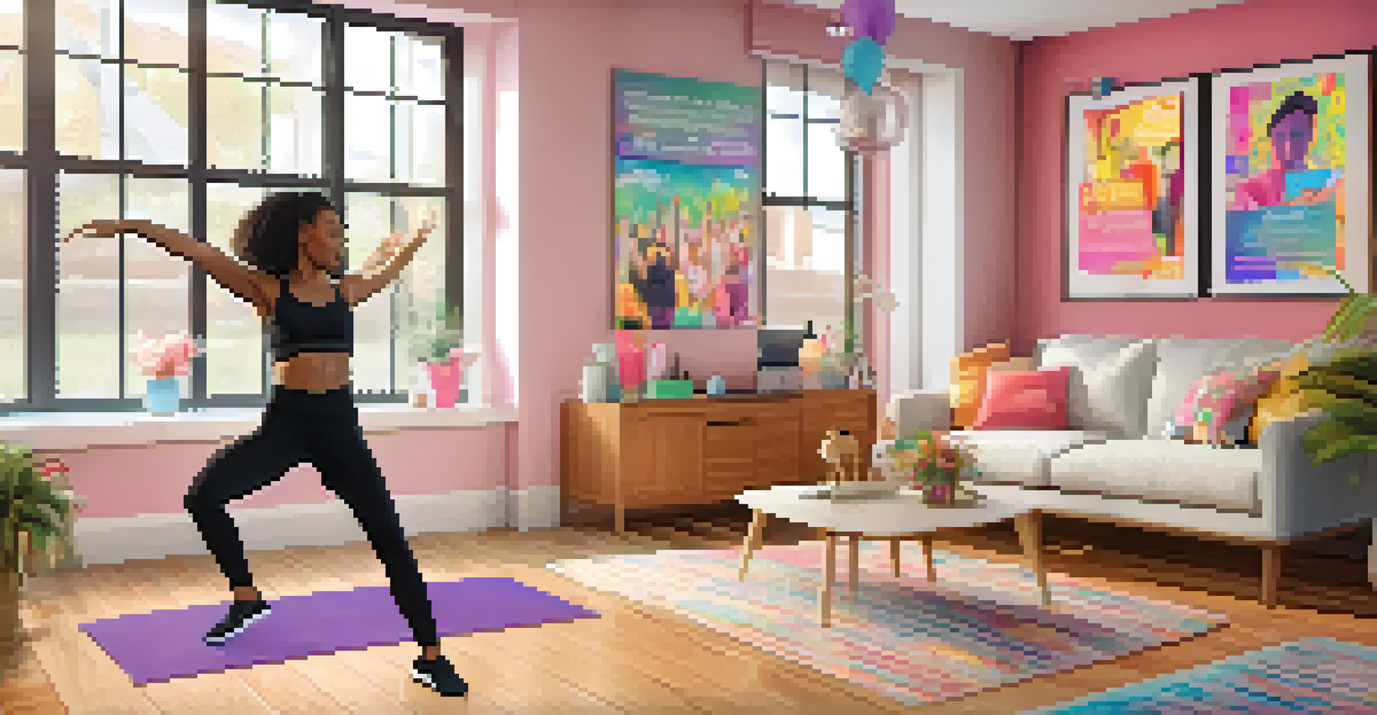 An instructor leading a virtual dance fitness class with participants following along from their homes.