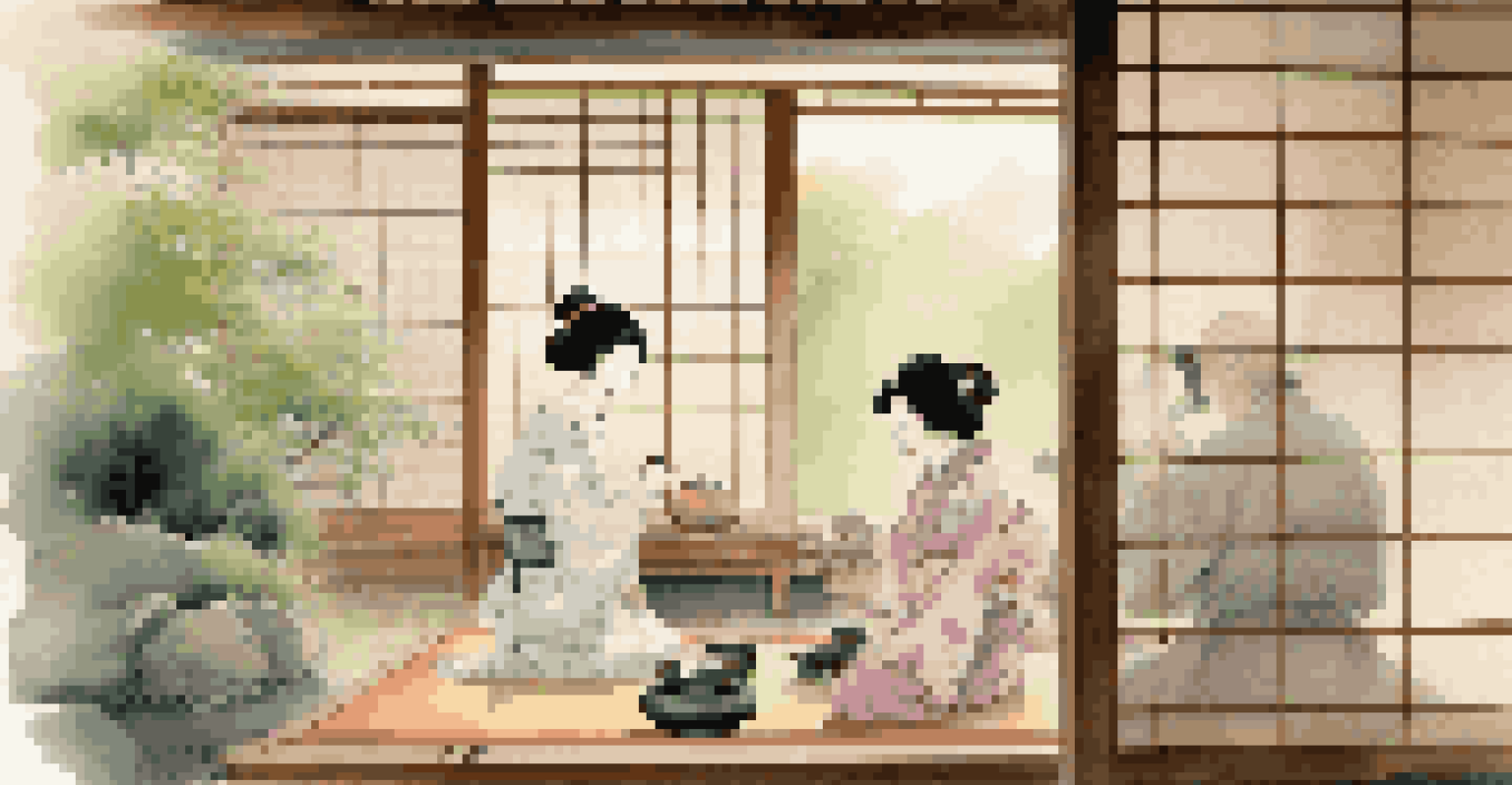 A woman in a kimono performing a tea ceremony in a traditional Japanese tea house, surrounded by greenery.