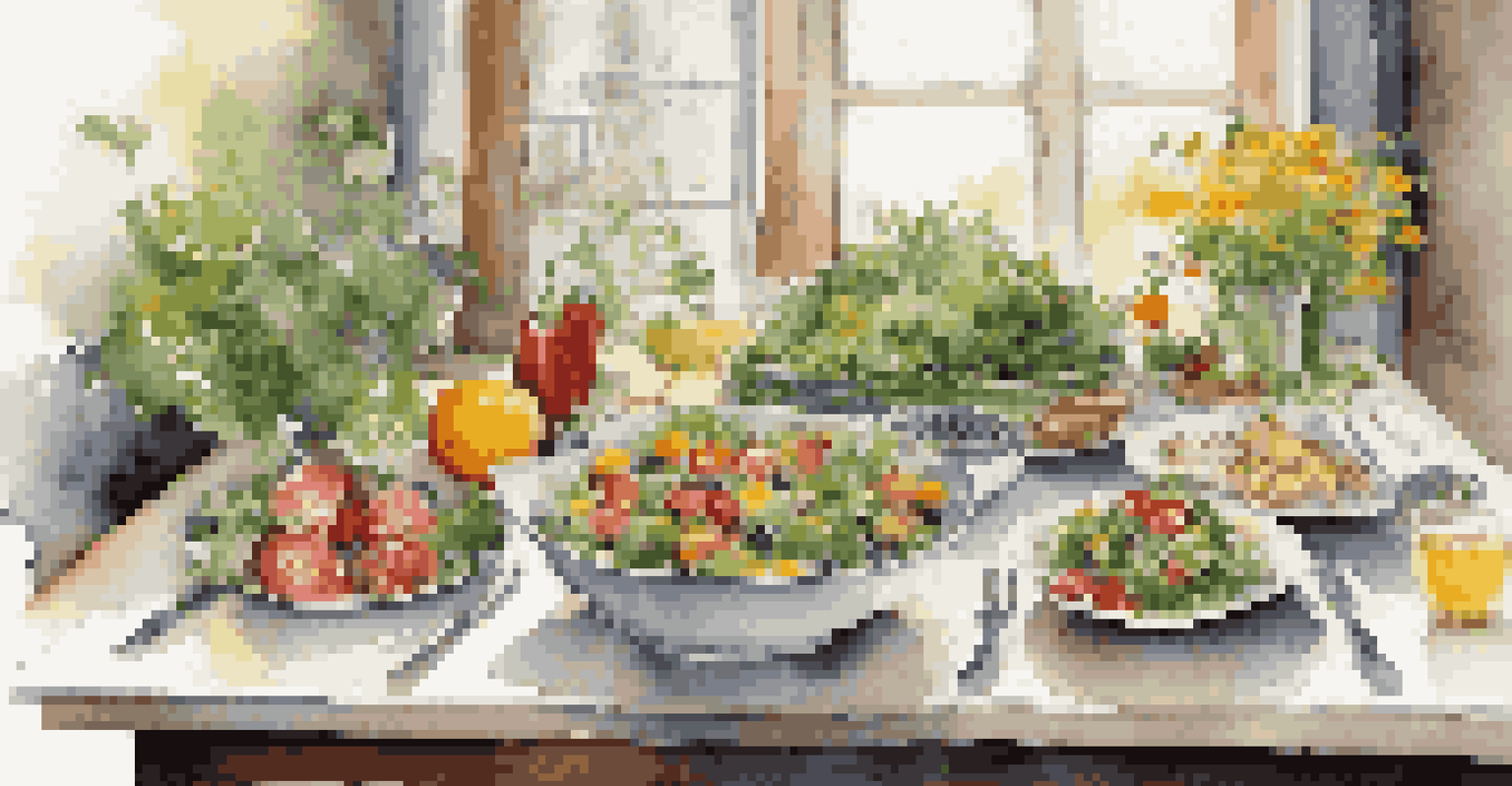 A beautifully set dining table featuring vibrant salads and fresh fruits, emphasizing the link between cooking and health.