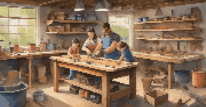 A family of four working together on a woodworking project in a garage, with children using safe tools and wearing safety goggles.