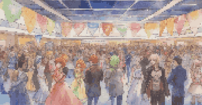 A lively charity event featuring diverse cosplayers in colorful costumes, with decorations and attendees participating in activities.