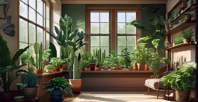 A cozy indoor garden with various houseplants on a wooden shelf, sunlight filtering through a window.