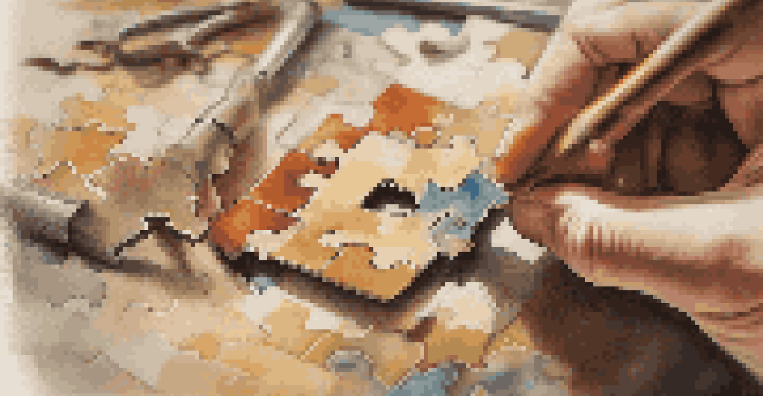 A close-up of a hand repairing a vintage puzzle piece with glue, highlighting the craftsmanship involved.