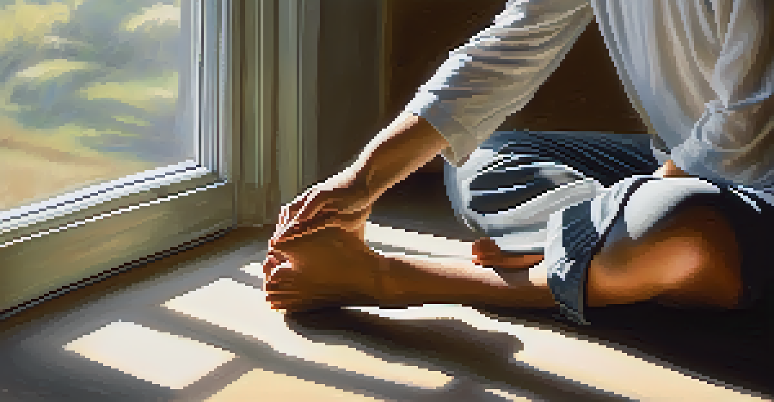 A close-up of a person's relaxed hands on their knees, practicing box breathing, with a softly blurred background and natural light streaming through a window.