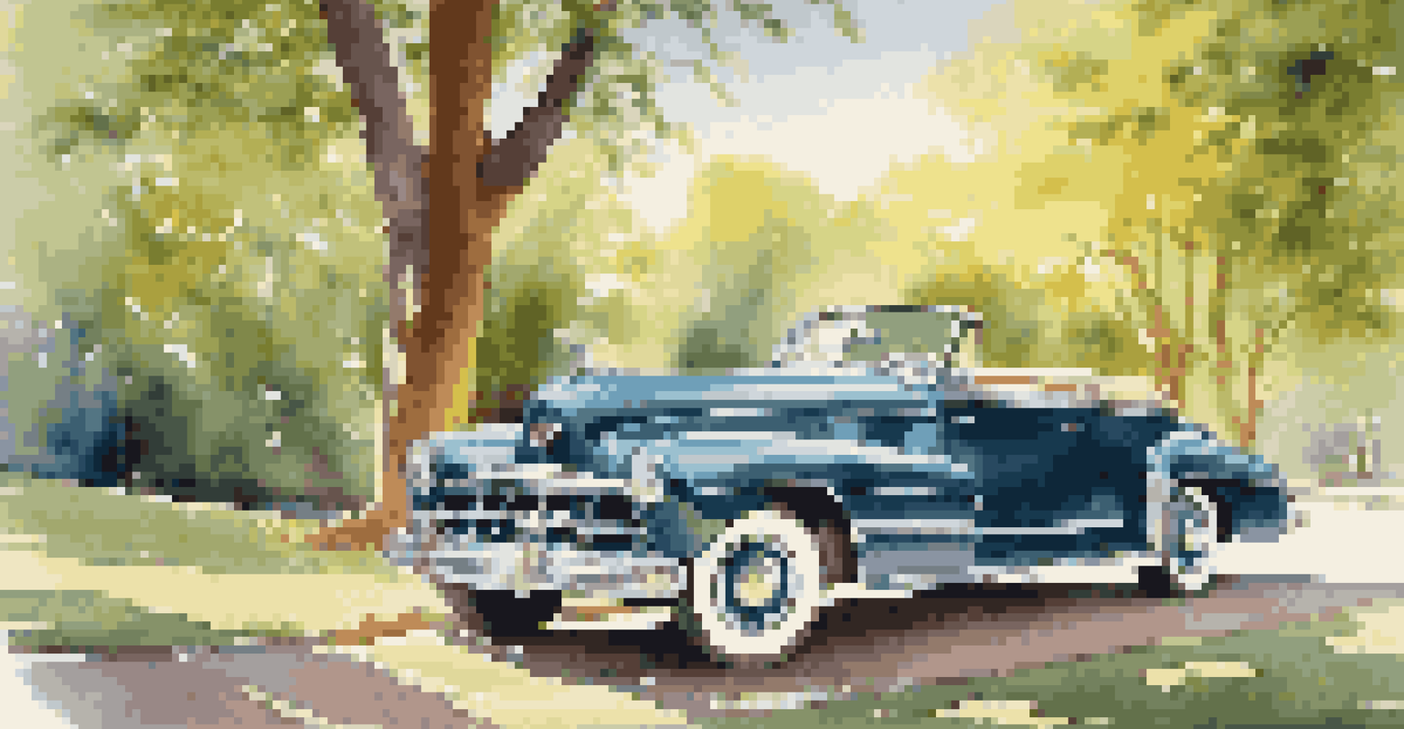 A restored vintage car shining in the sunlight, surrounded by trees and blue sky in the background.