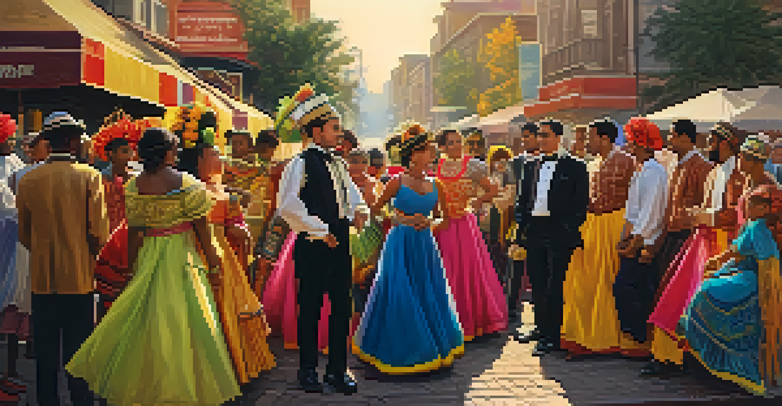 A lively street performance with actors in colorful costumes and an engaged audience under the warm light of the setting sun.