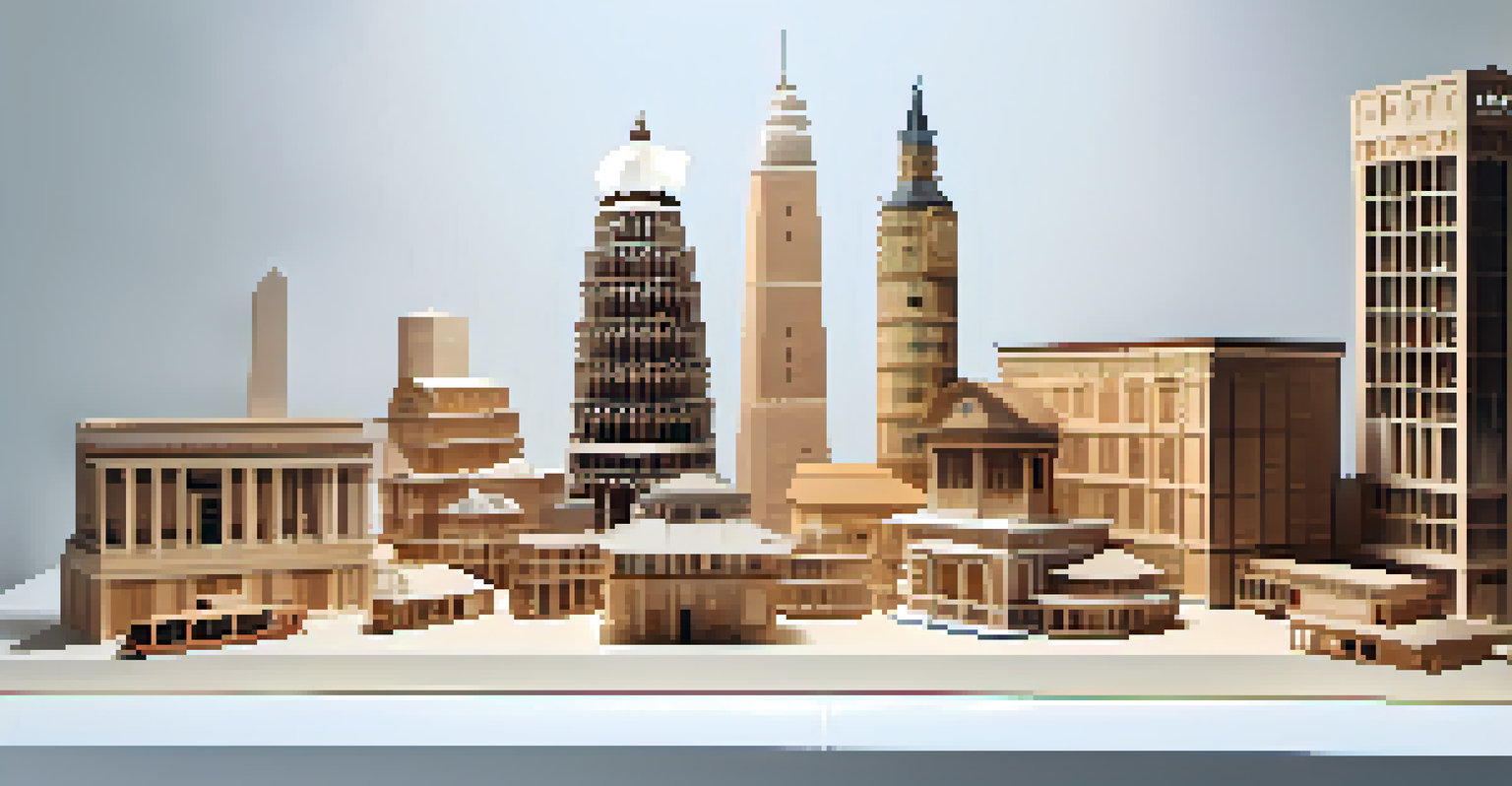 A collection of scale models made from wood, acrylic, and foam on a white surface, highlighting their textures and finishes.