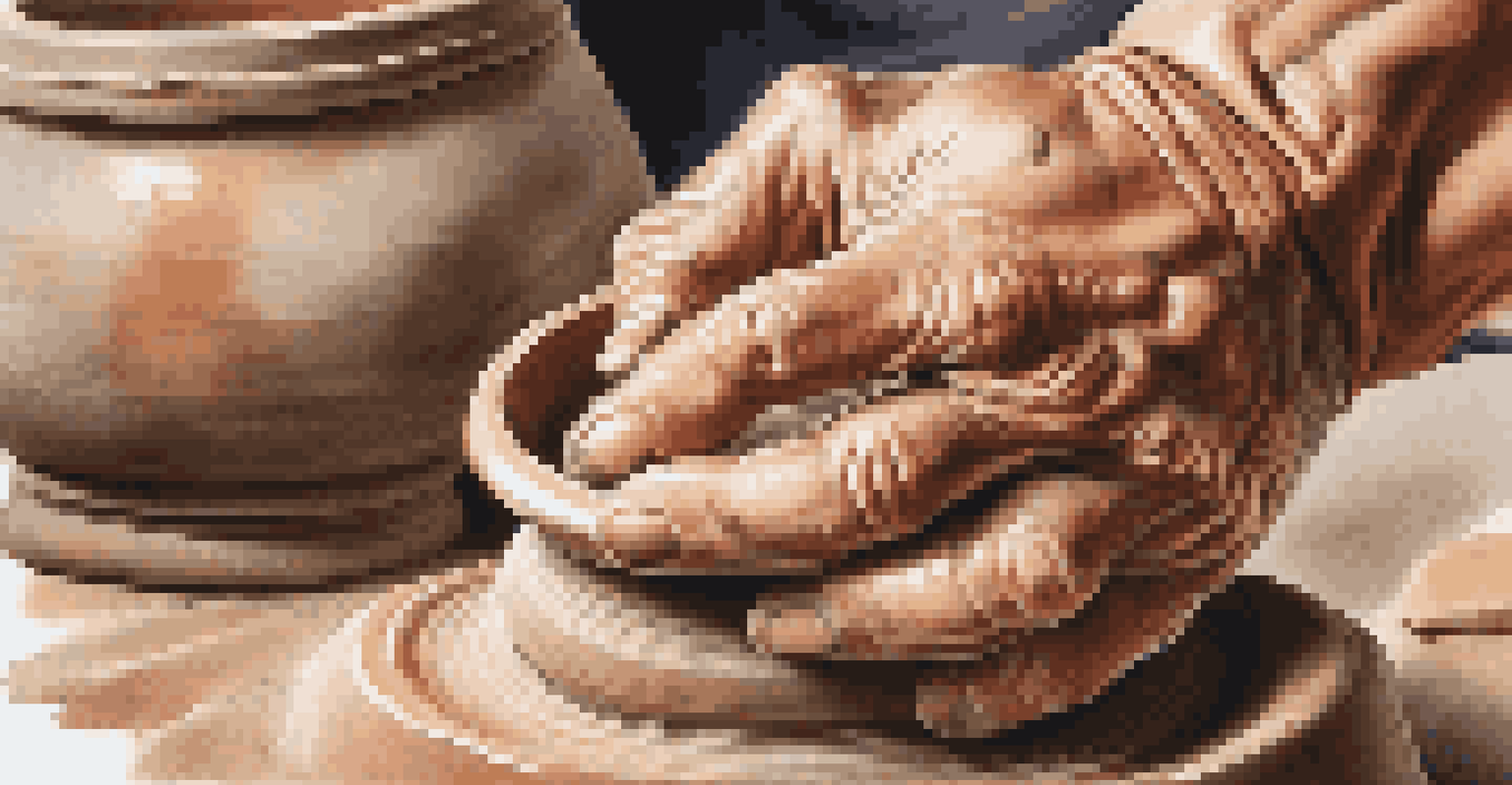 A close-up of hands shaping clay on a potter's wheel, highlighting the texture of the clay and the intricate movements of the potter.